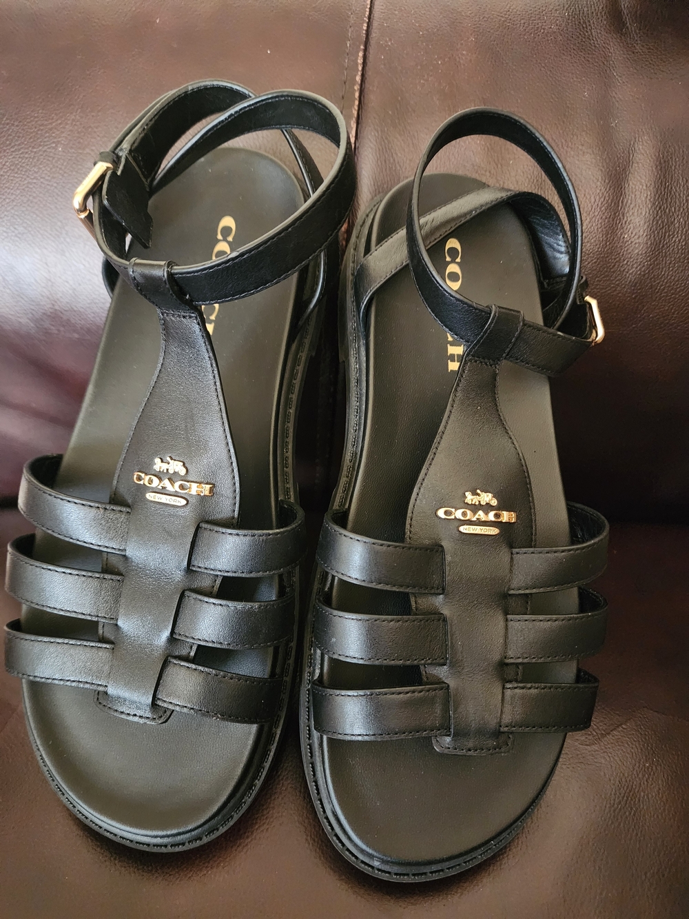 Coach Black Leather Strappy T-Bar Sandals with Gold Logo